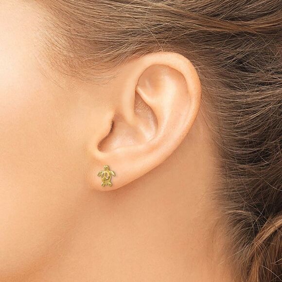 Kids 8mm Open Peace Sign Turtle Post Earrings in 14k Yellow Gold